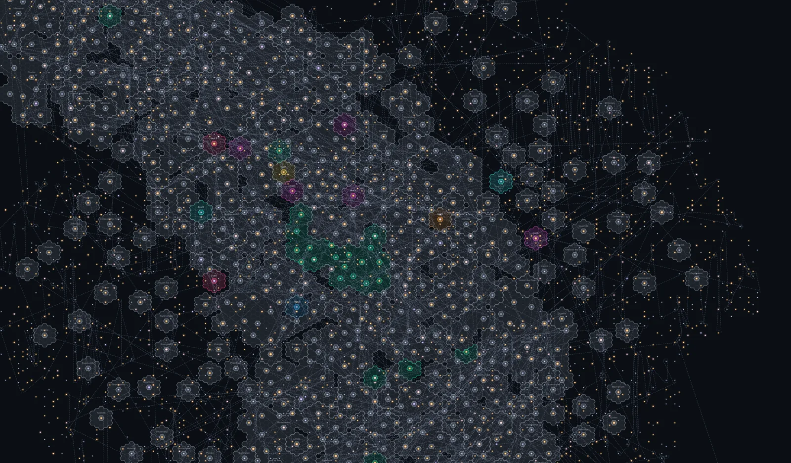 The whole Old Light galaxy rendered at once, hundreds of star systems with a handful of empires coloured among them