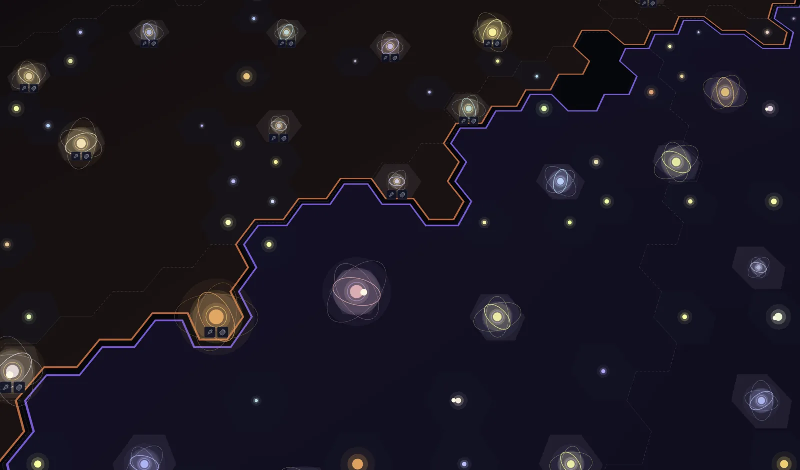 Two Old Light empires meeting along a jagged border seam, each hex filled in the banner colour of whichever empire claimed its system first