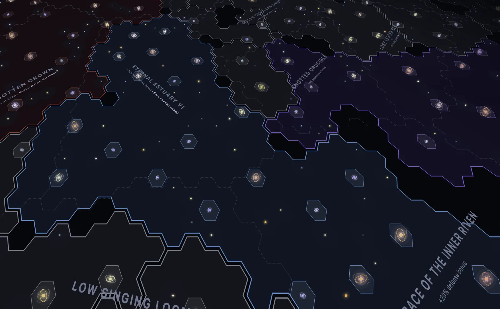The Old Light galaxy map with empires filled in their own banner colours