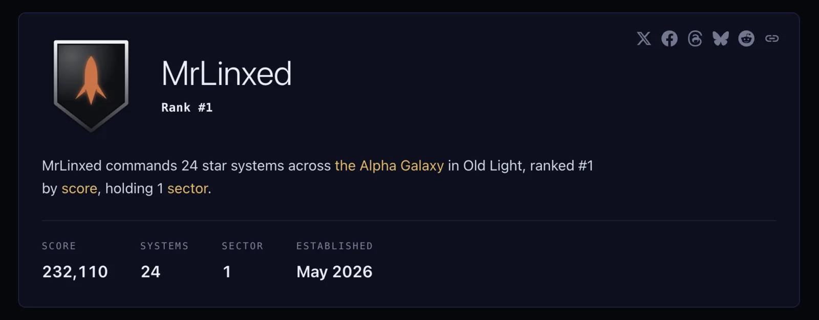 The top of an Old Light empire profile page, showing the empire crest, its rank, score, system and sector counts, and the row of share buttons