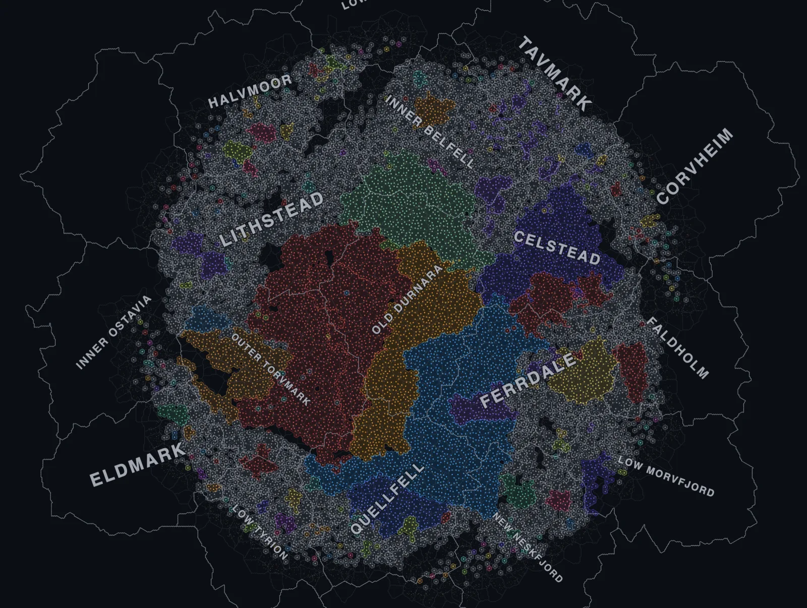 The Old Light galaxy map zoomed out, with named regions such as Celstead and Ferrdale outlined across empire territory