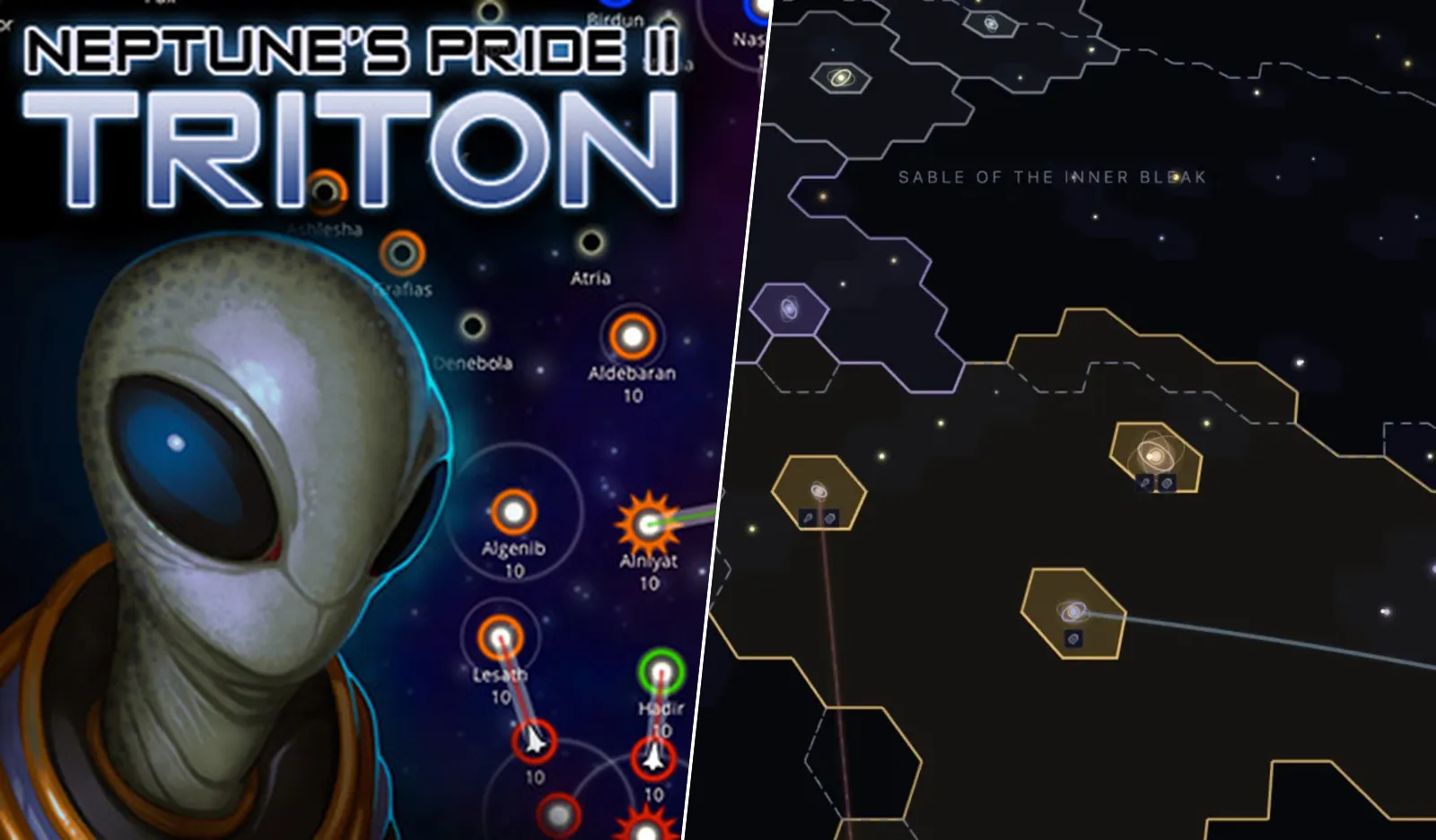 Neptune's Pride II Triton artwork with its star map, next to empire territory on the Old Light galaxy map
