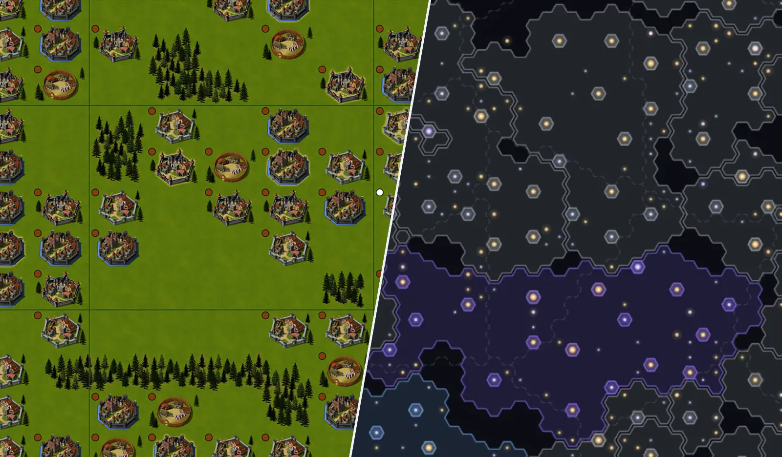 A Tribal Wars village map beside the Old Light galaxy map, split down a diagonal