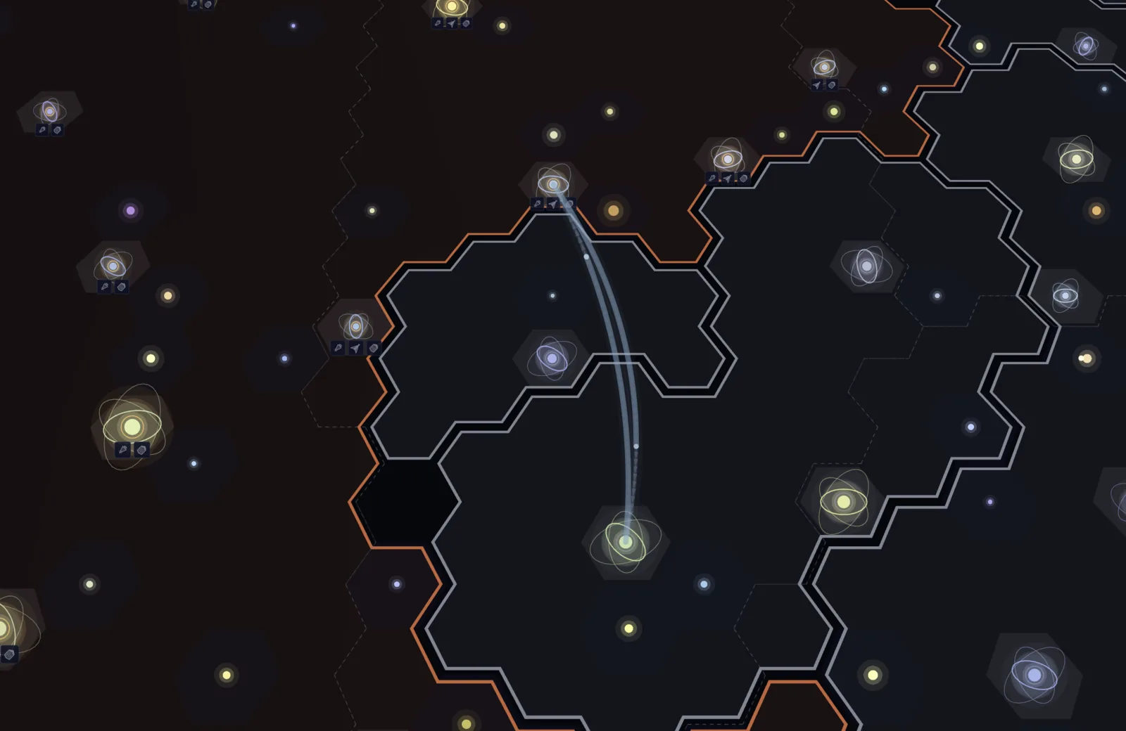 Two fleets in transit along curving arcs from one Old Light system down to a bright star deeper inside the same empire's borders, with a neighbouring empire's territory line running alongside