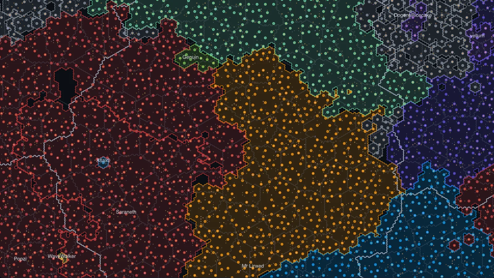 Neighbouring empires on the Old Light galaxy map, each territory filled in its banner colour with a thin gap along every shared border