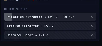 A full three-slot build queue in Old Light: both extractors and the Resource Depot heading to level 2