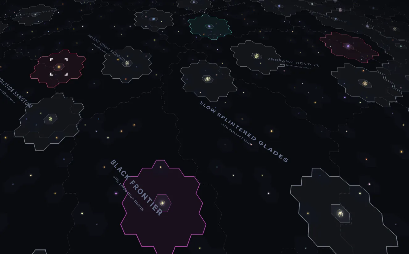 The Old Light galaxy map zoomed out, empire territories in banner colours spread across named sectors with their bonuses