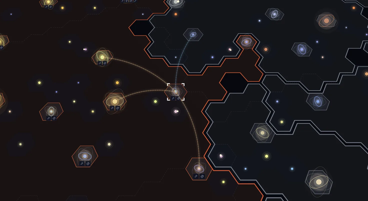 A warm-coloured empire bordering grey rivals on the Old Light galaxy map, fleets in transit between systems