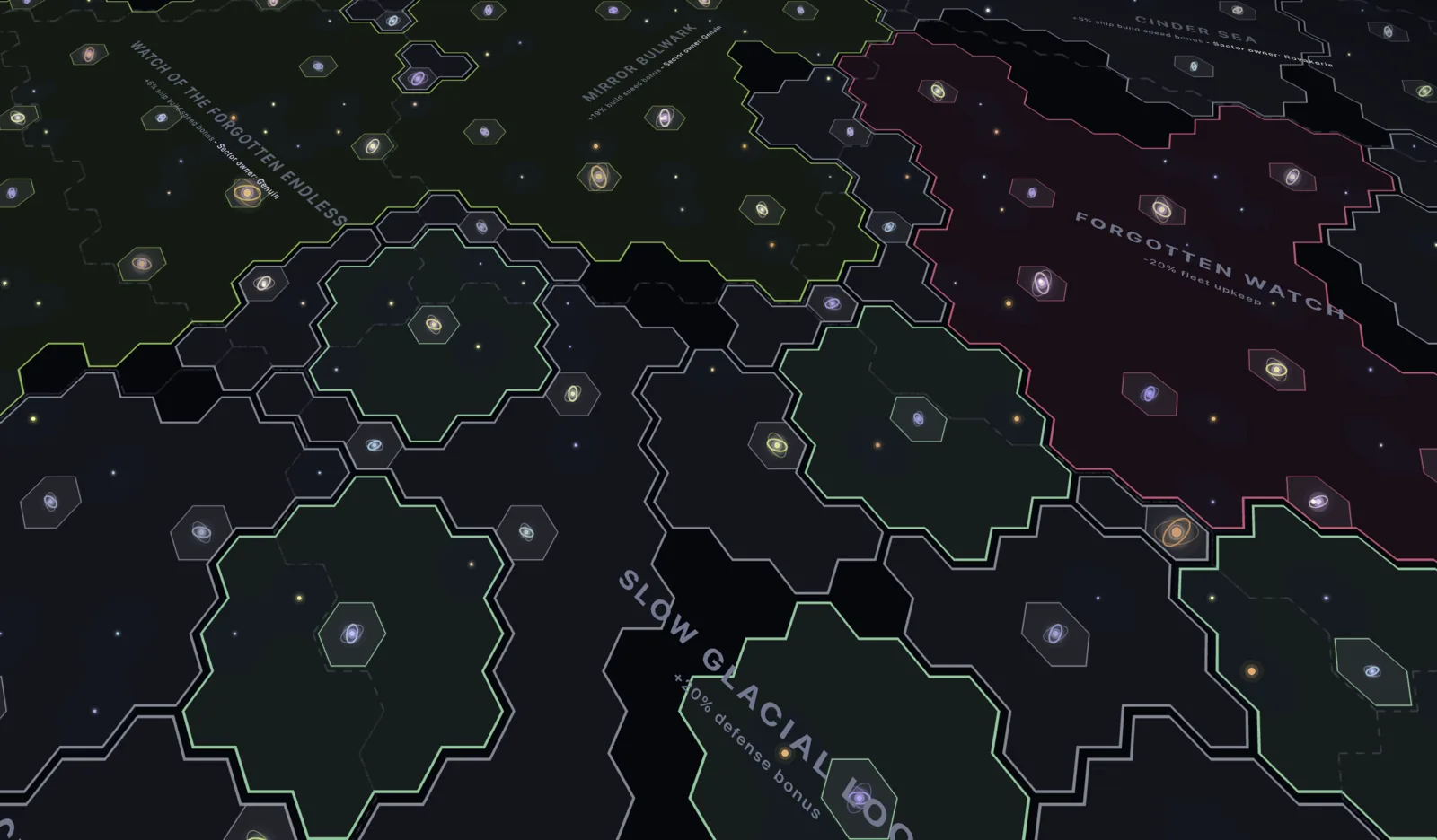 The Old Light galaxy map, empire borders and sectors spread across the hex grid