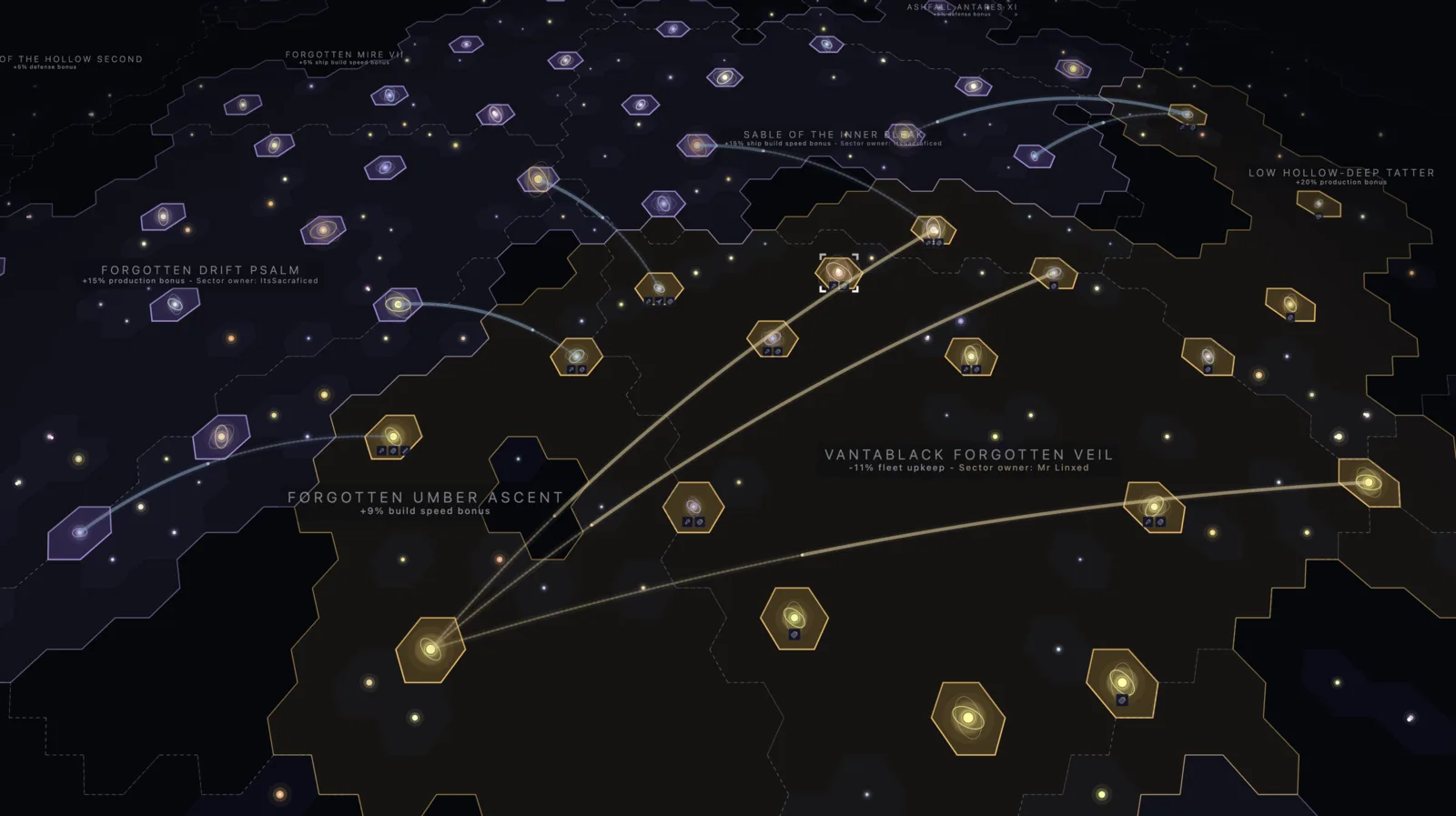 The Old Light galaxy map, empires spread in warm and cool colours across a hex grid