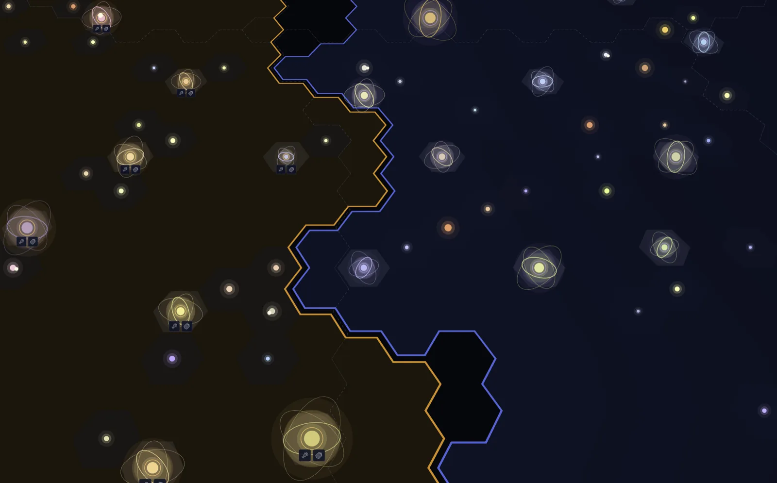Two empire borders meeting across the Old Light galaxy map, one amber and one blue, with neither side crossing