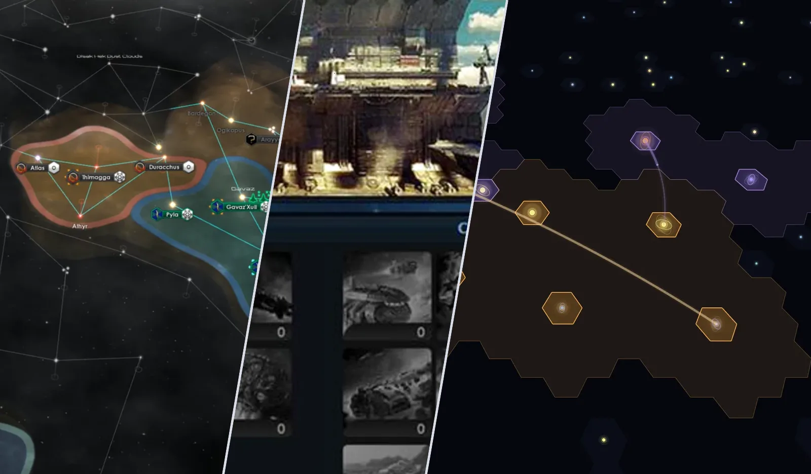 A Stellaris star map, an OGame shipyard screen and the Old Light hex galaxy map side by side, split by diagonal lines
