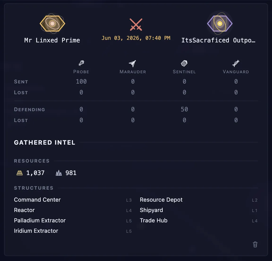 In-game probe report showing a rival system's structures and fleet at the moment of arrival