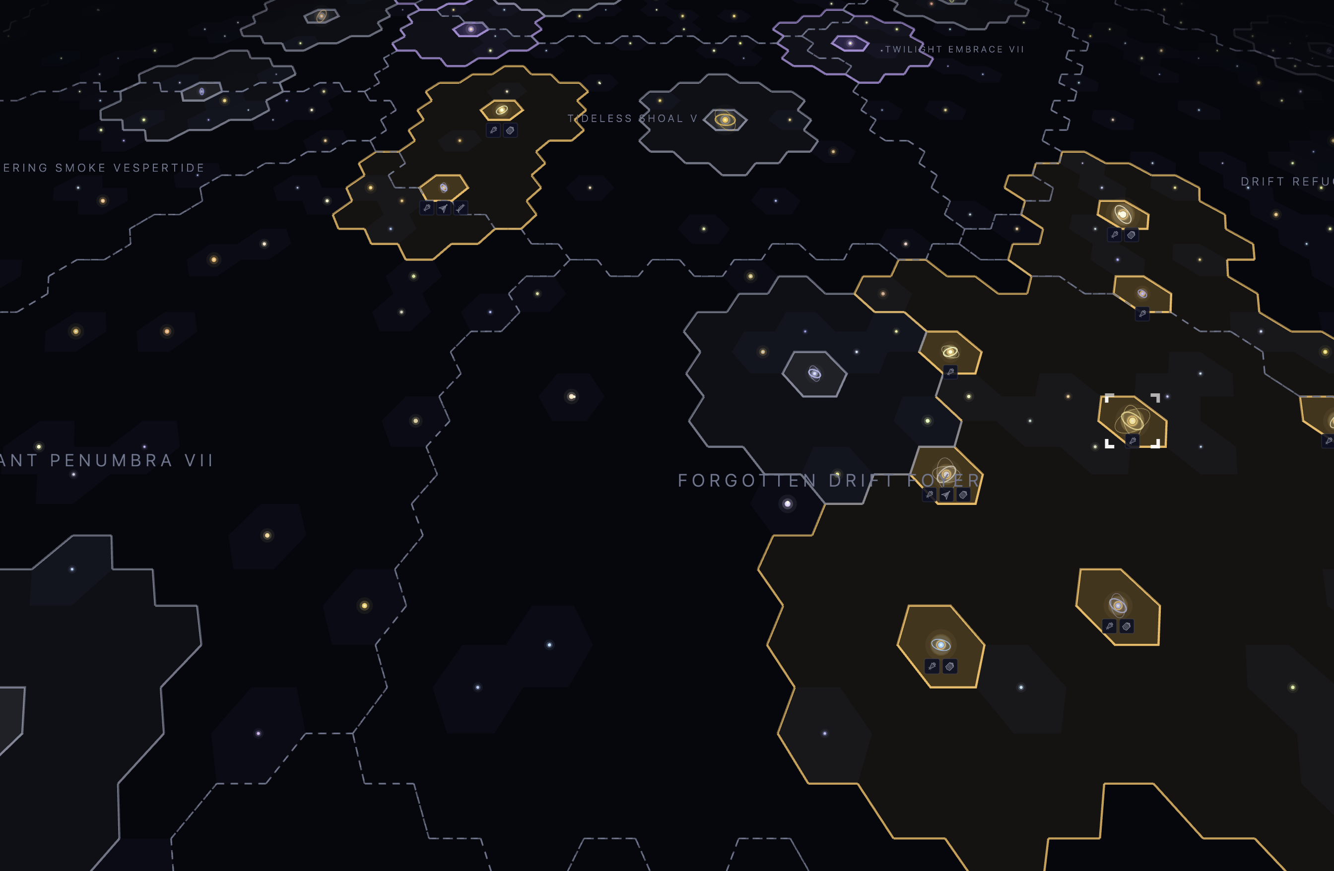 The Old Light galaxy map mid-game, empires and build queues advancing in real time